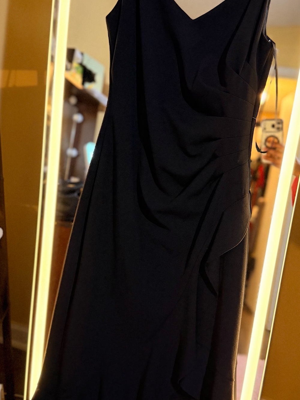 Xscape Black Midi Dress with Draped V-Neck
